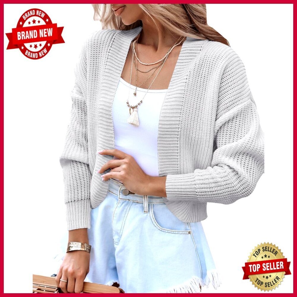 Cropped Open Front Cardigan Sweater Long Sleeve Drop Shoulder Loose Fit